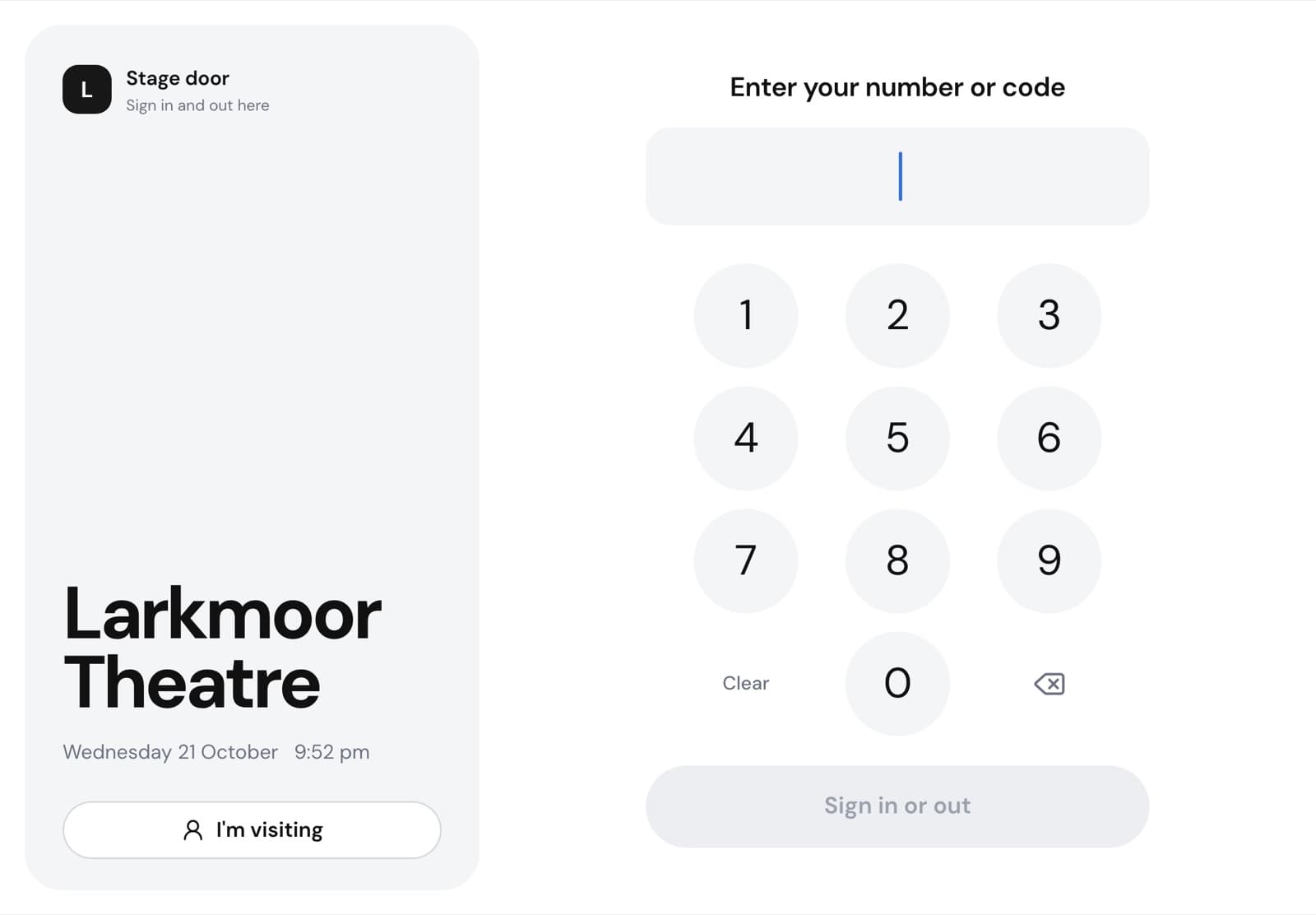 The stage door iPad at rest for Larkmoor Theatre: the venue name, the date and time and an I'm visiting button on the left, and a number pad with Sign in or out on the right.